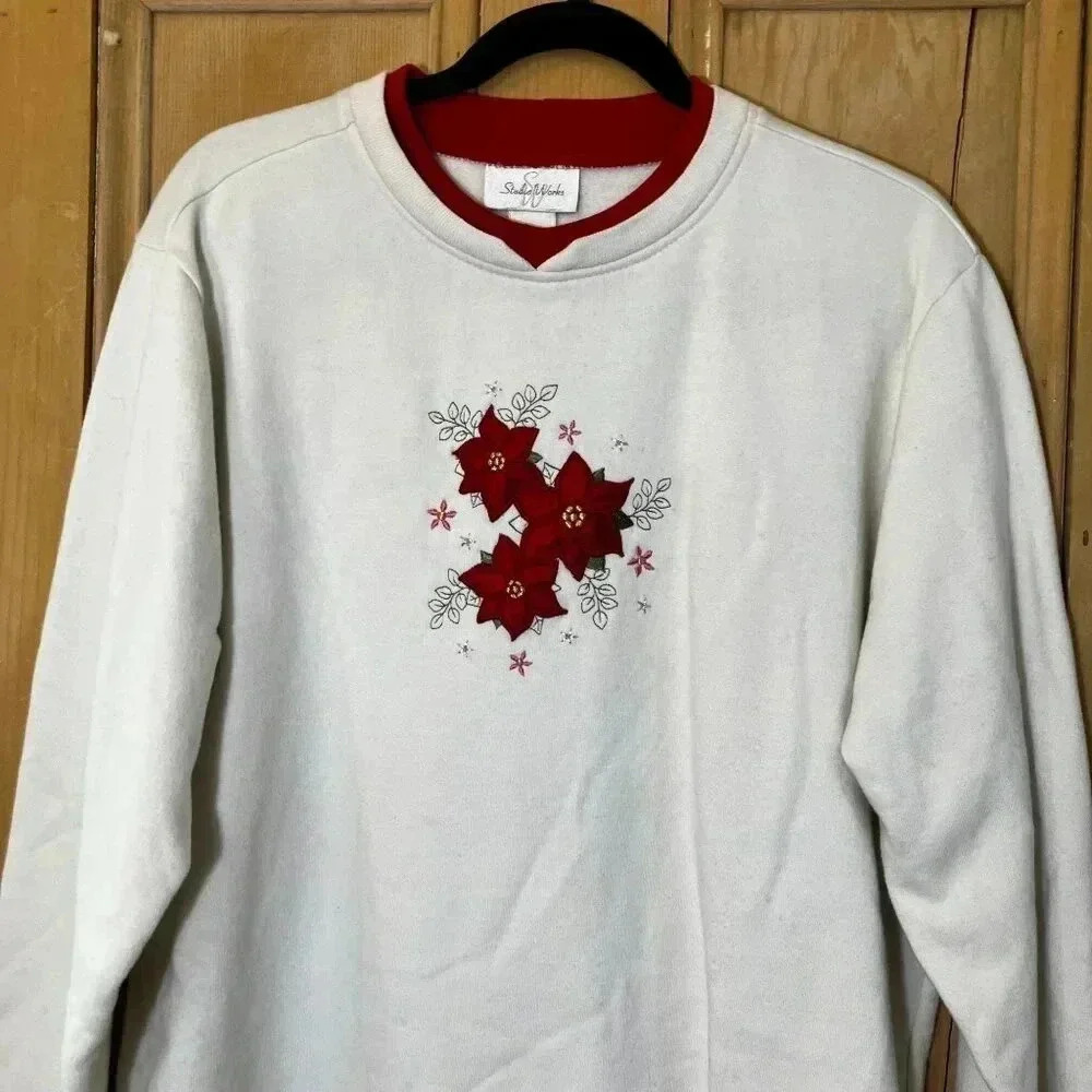 Studio Works Womens Vintage 90s Christmas Flowers Sweatshirt Large White XM EXC - Picture 3 of 10